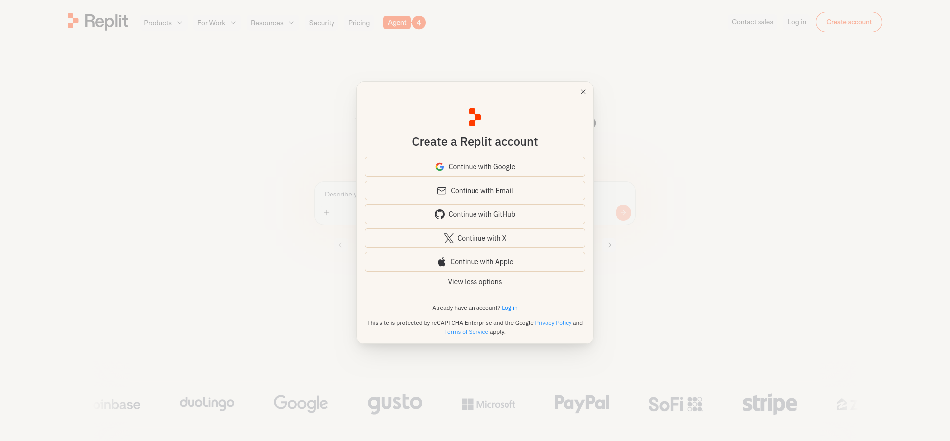 screenshot of Replit Registration and Account Creation