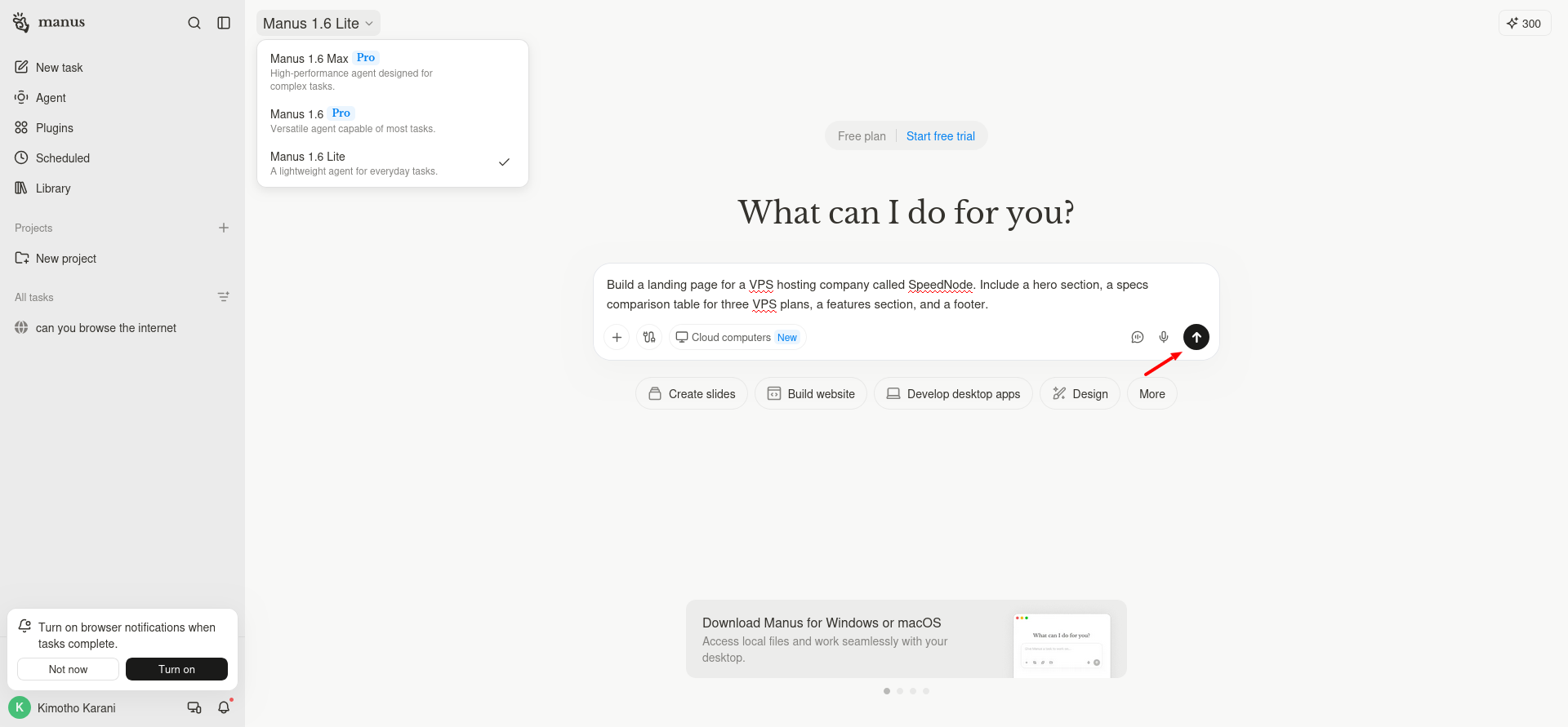 screenshot of manus User Interface and Dashboard