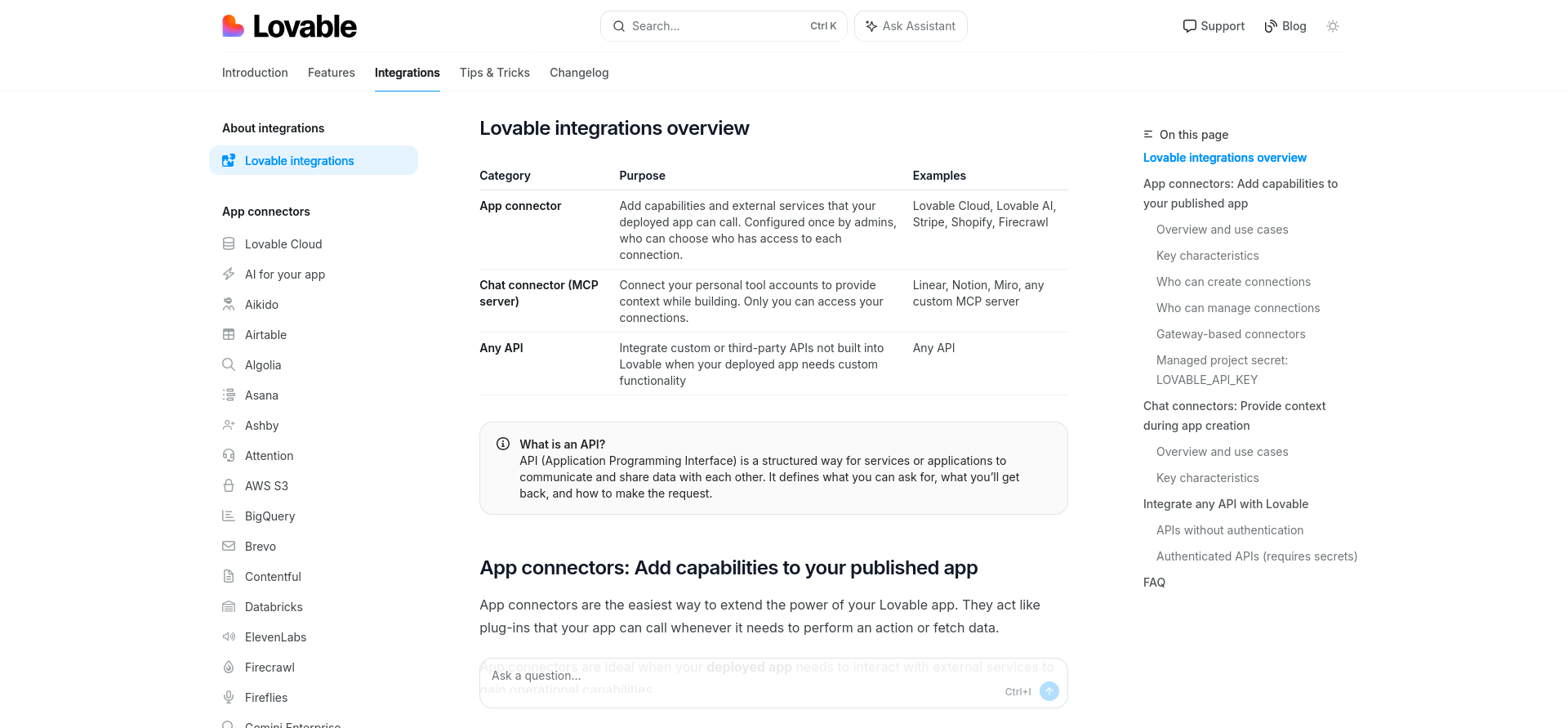 screenshot of Lovable Integrations menu overview