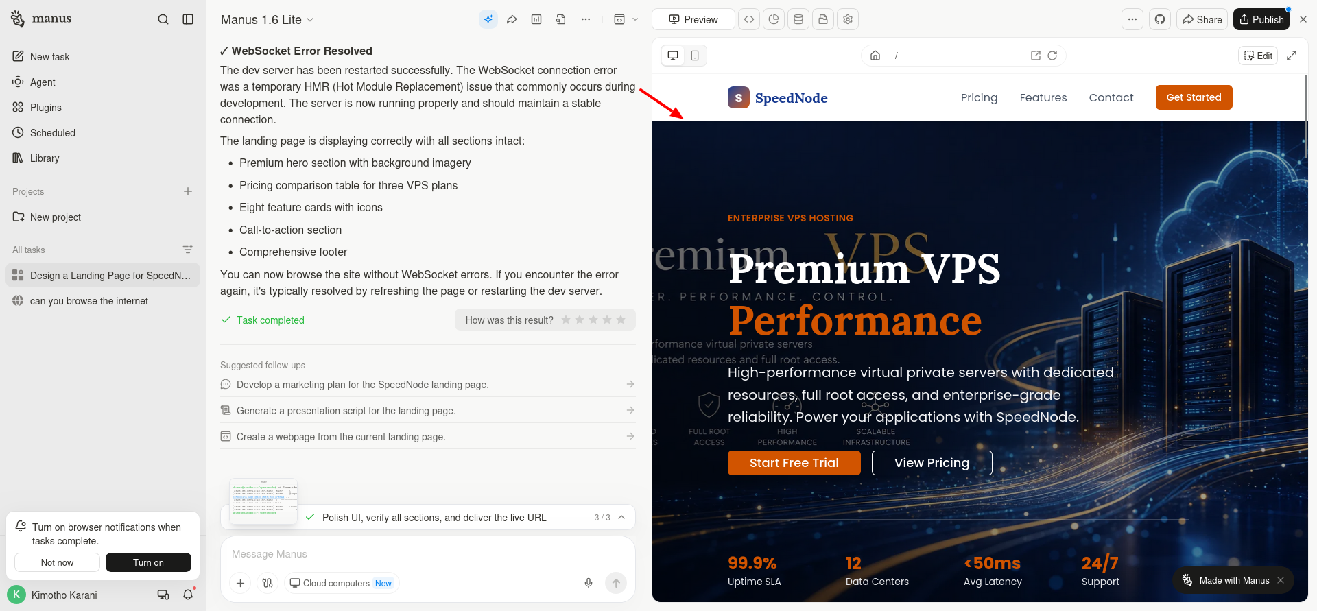 screenshot of Manus: SpeedNode VPS Landing Page
