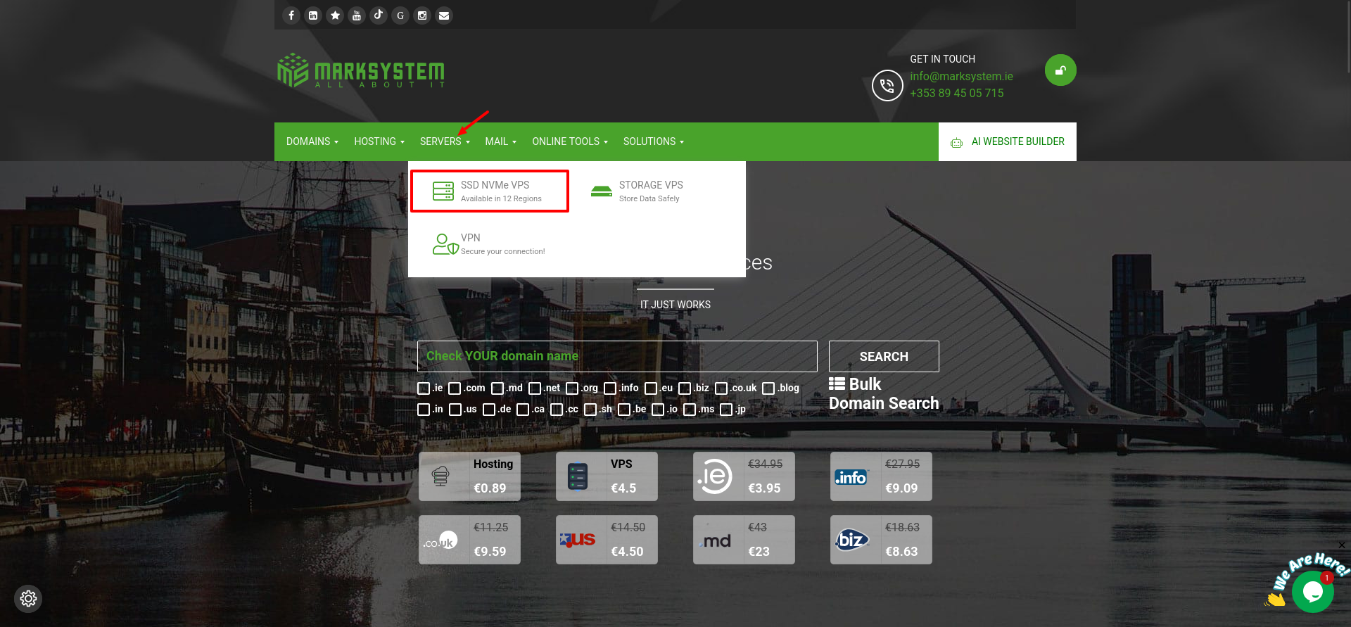 screenshot of MARKSYSTEM website with the Servers dropdown menu opened