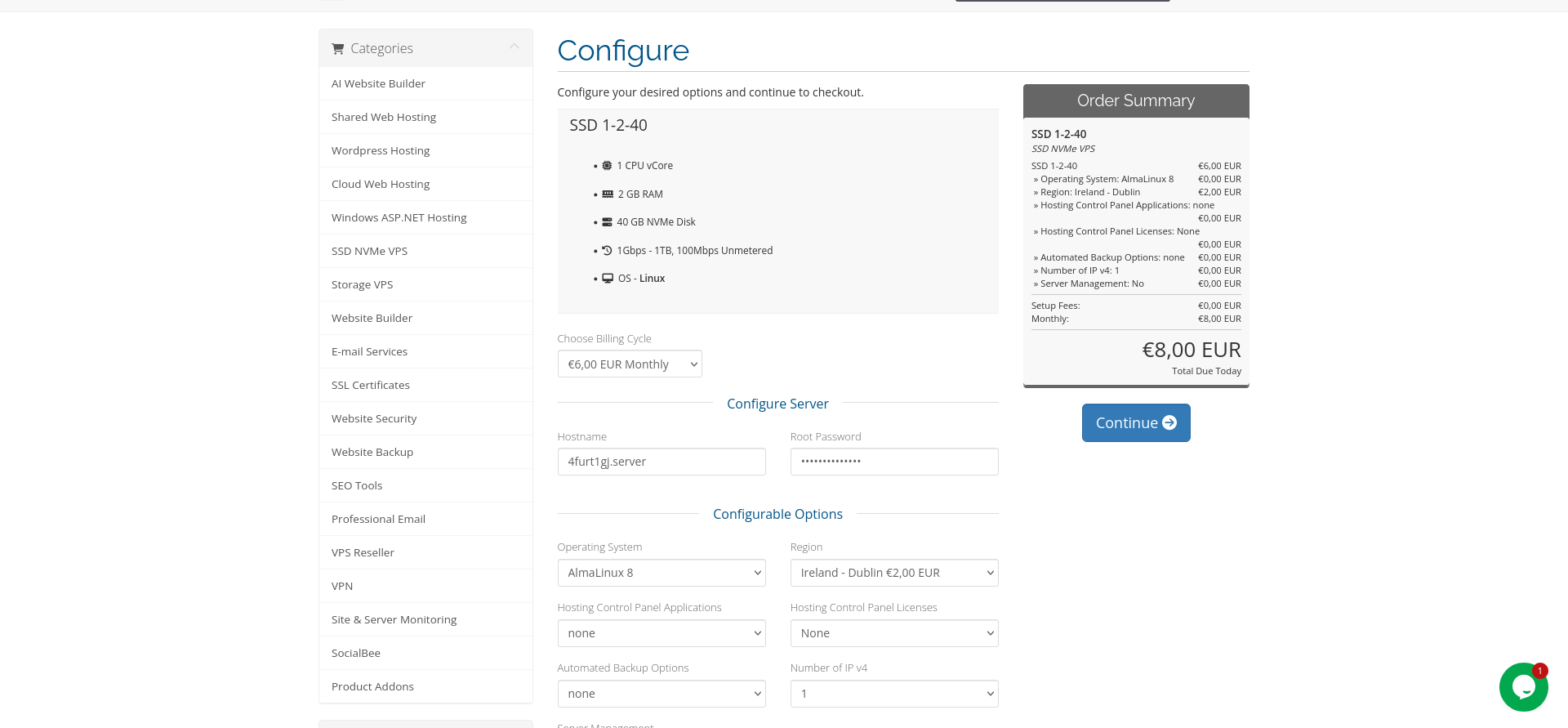 screenshot of MARKSYSTEM Hosting plan configurations