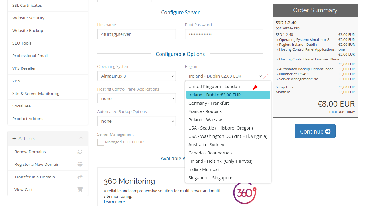 screenshot of MARKSYSTEM server locations list