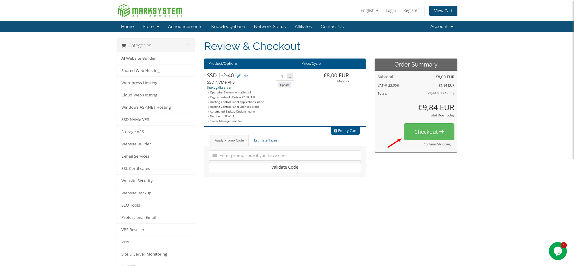 screenshot of MARKSYSTEM checkout
