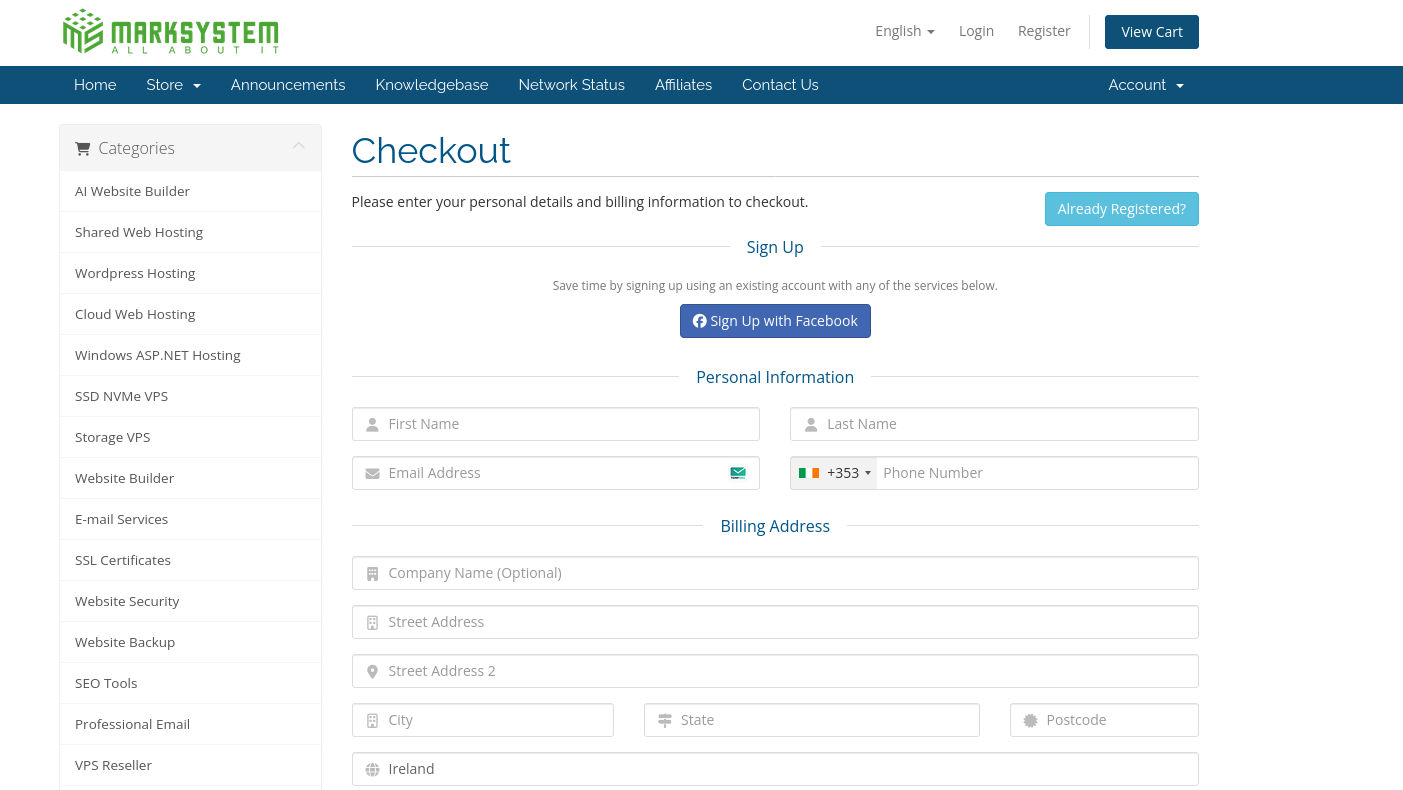 screenshot of MARKSYSTEM signup page