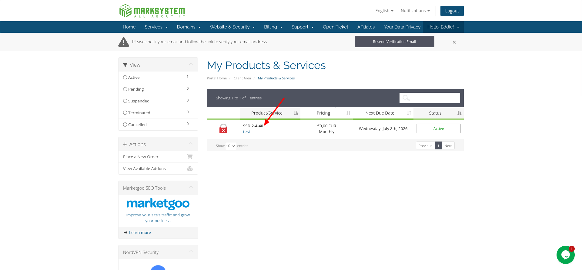 screenshot of Products & Services tab
