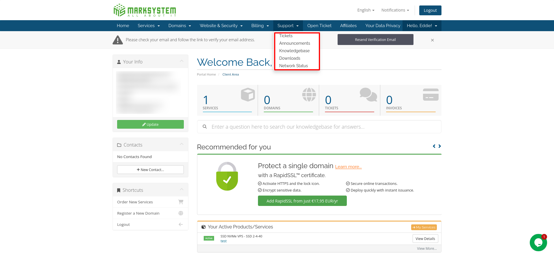 screenshot of Support options