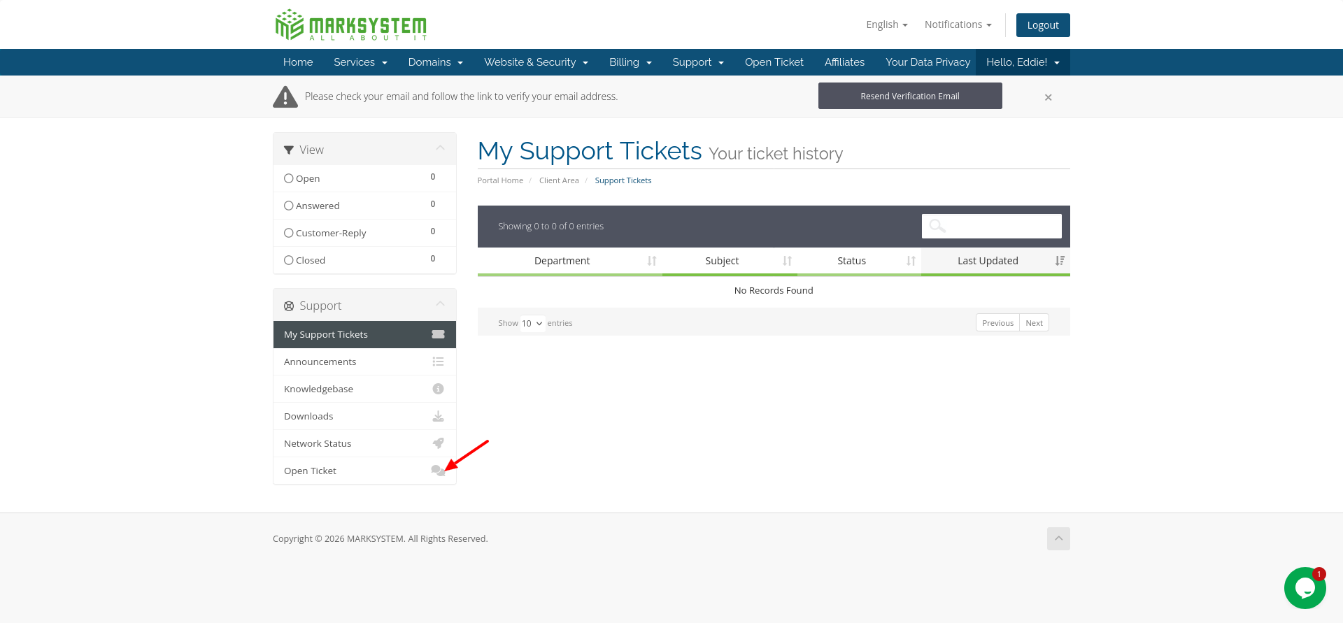 screenshot of Open Ticket button