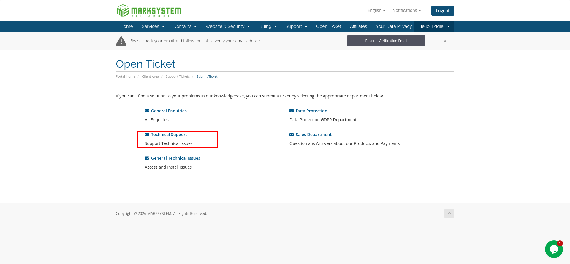 screenshot of Technical Support button