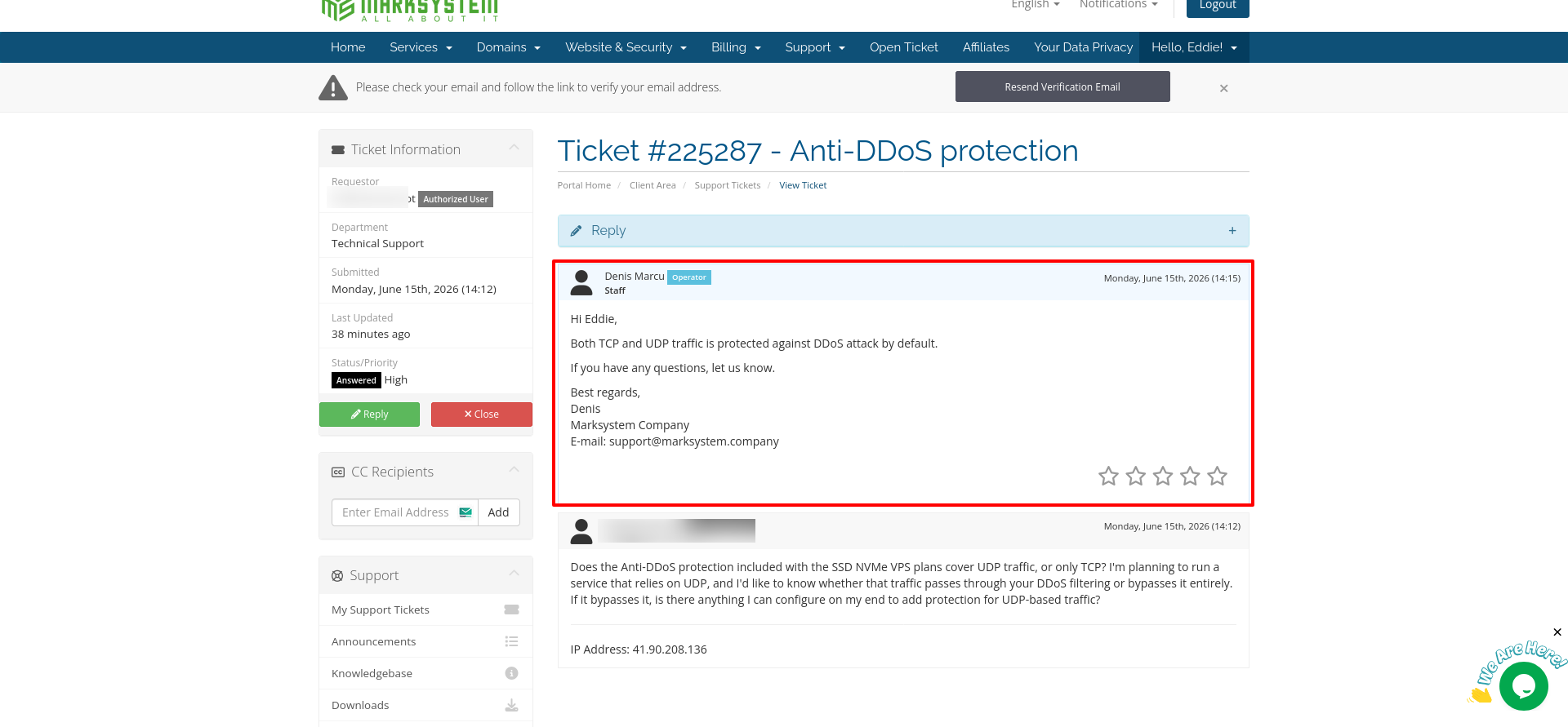 screenshot of ticket support conversation
