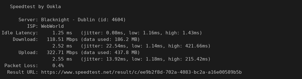 screenshot of MARKSYSTEM Network Speed test results