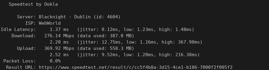 screenshot of MARKSYSTEM Speed test results