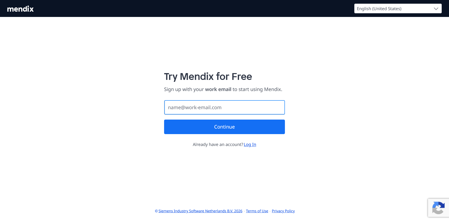 screenshot of Mendix Sign Up form