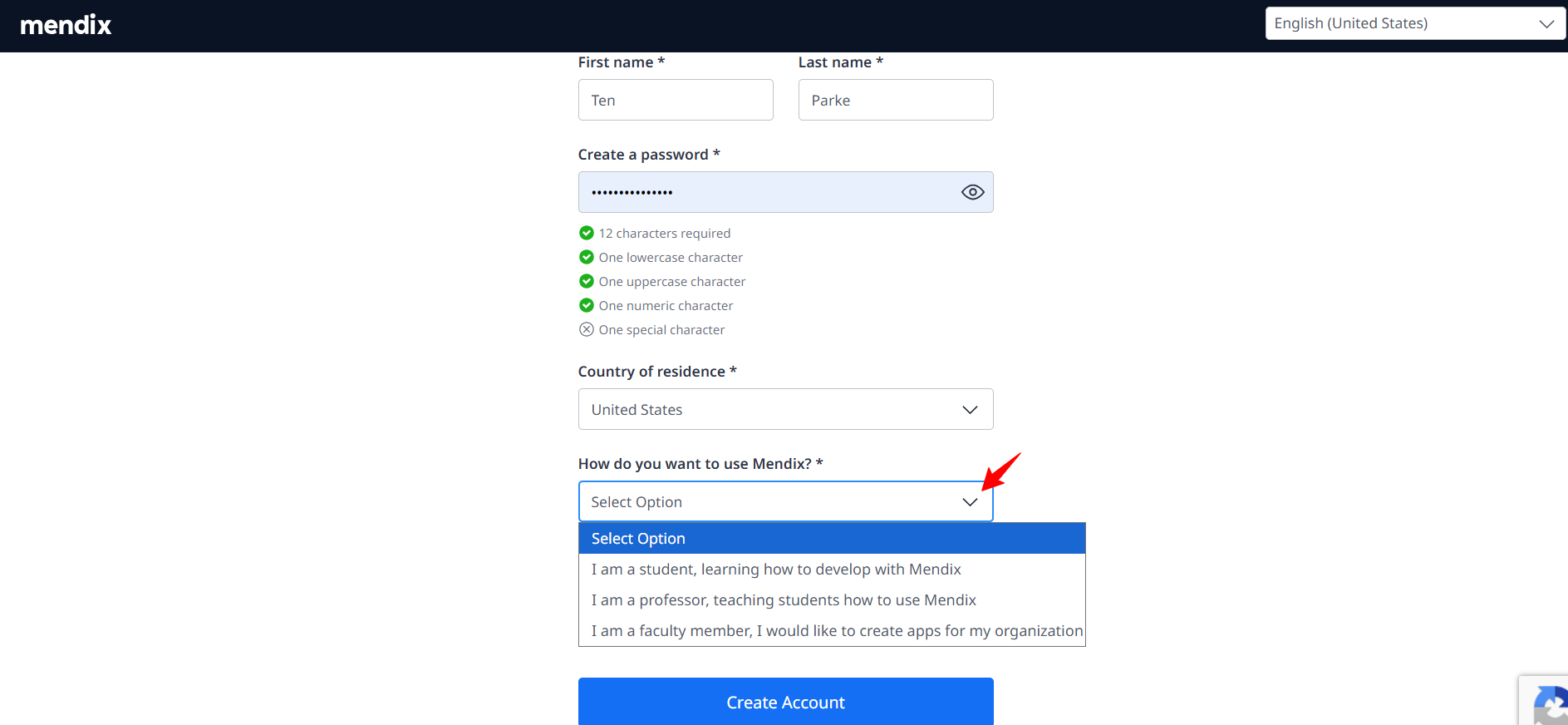 screenshot of Mendix Sign Up questions