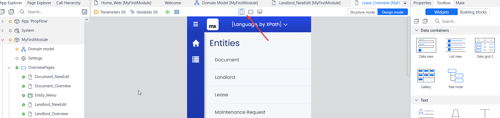 screenshot of the Mobile view button