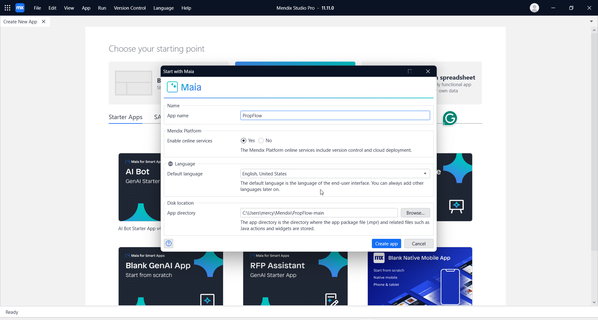 screenshot of 'Maia' window