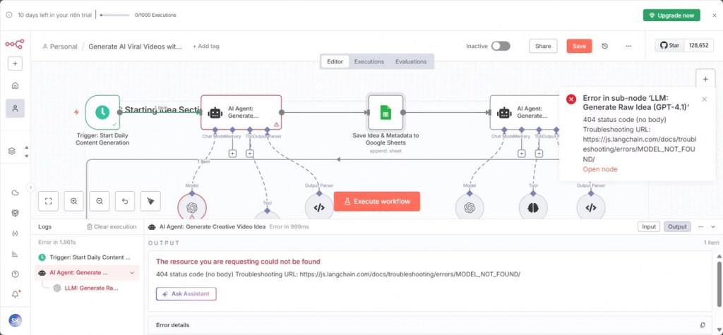 n8n AI Agent Workflow Editor Showing LLM Model Error and Troubleshooting Details