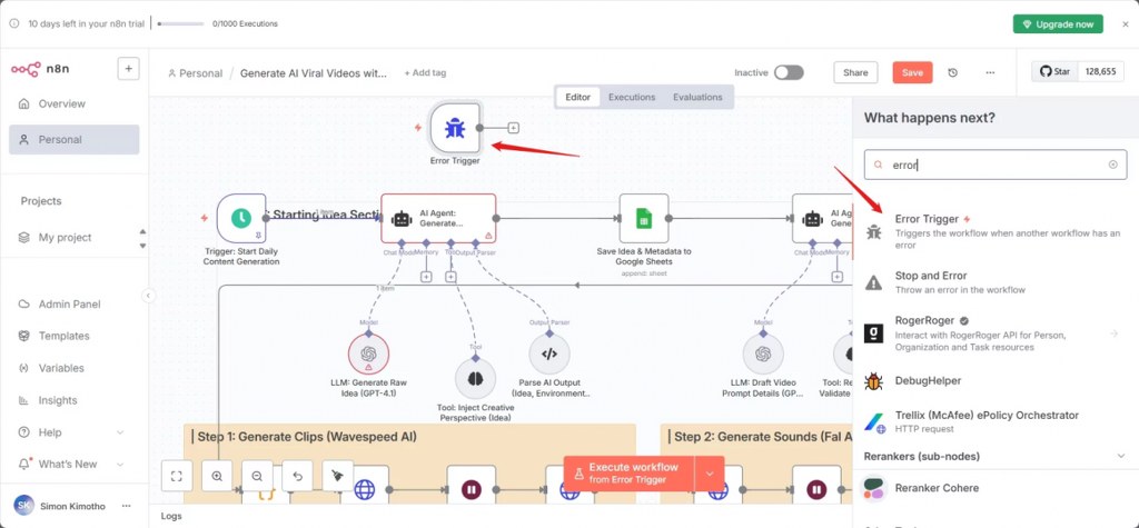 n8n Workflow Editor Configuring Error Trigger Nodes for Automated Exception Handling and Recovery
