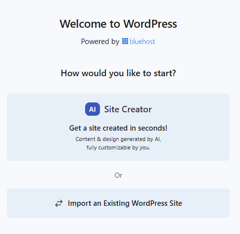 Bluehost AI Site Creator and import website options