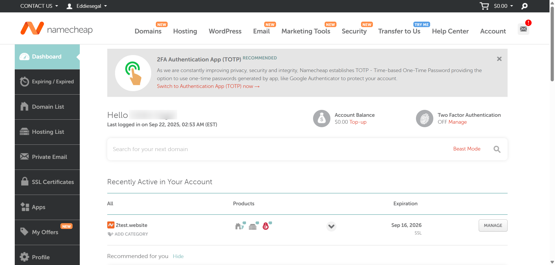Namecheap dashboard and hosting list