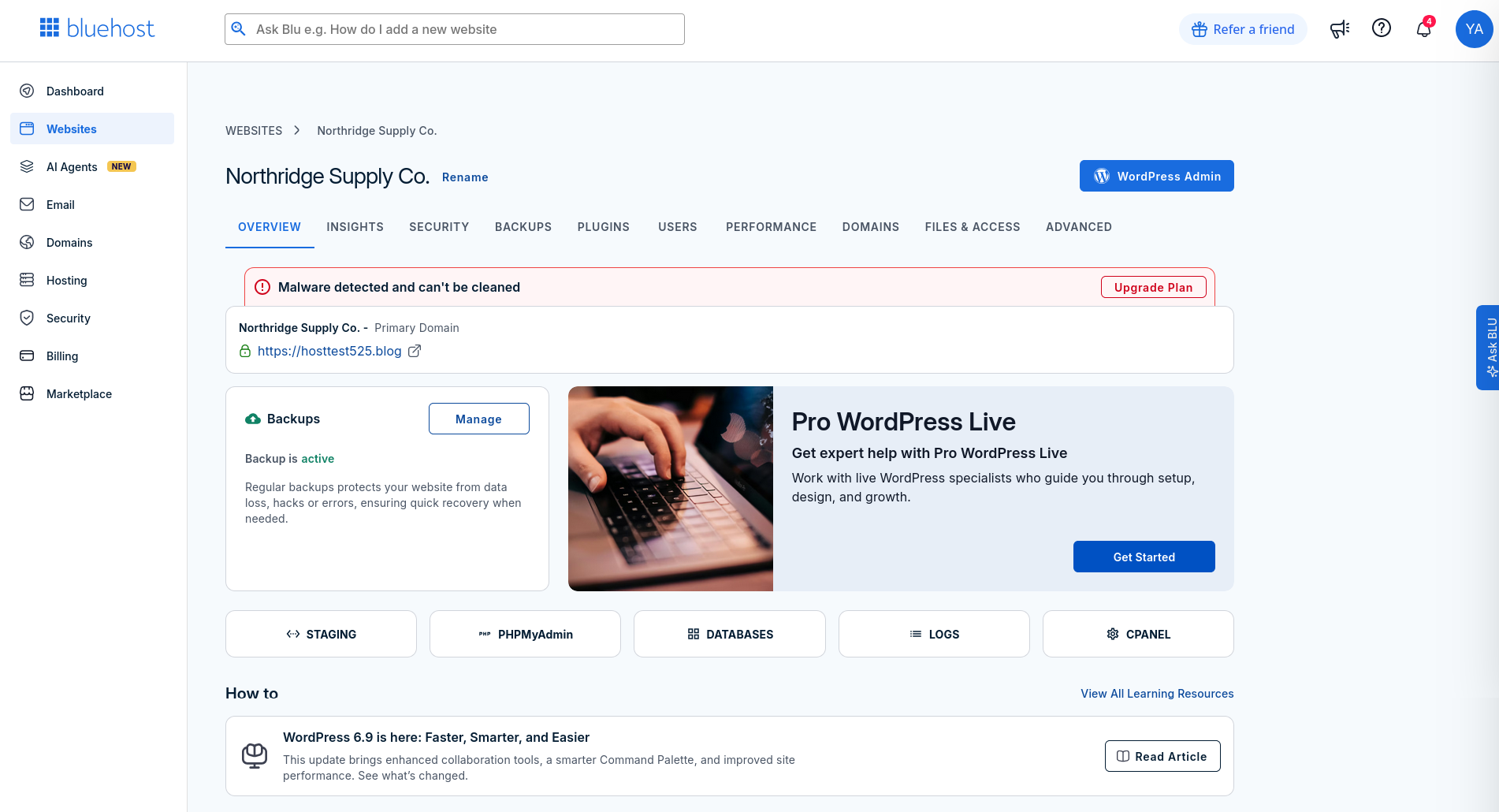 Bluehost one-click WordPress Admin feature