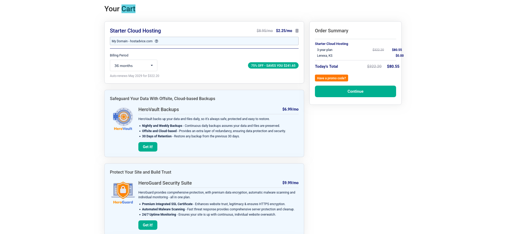 screenshot of the cart