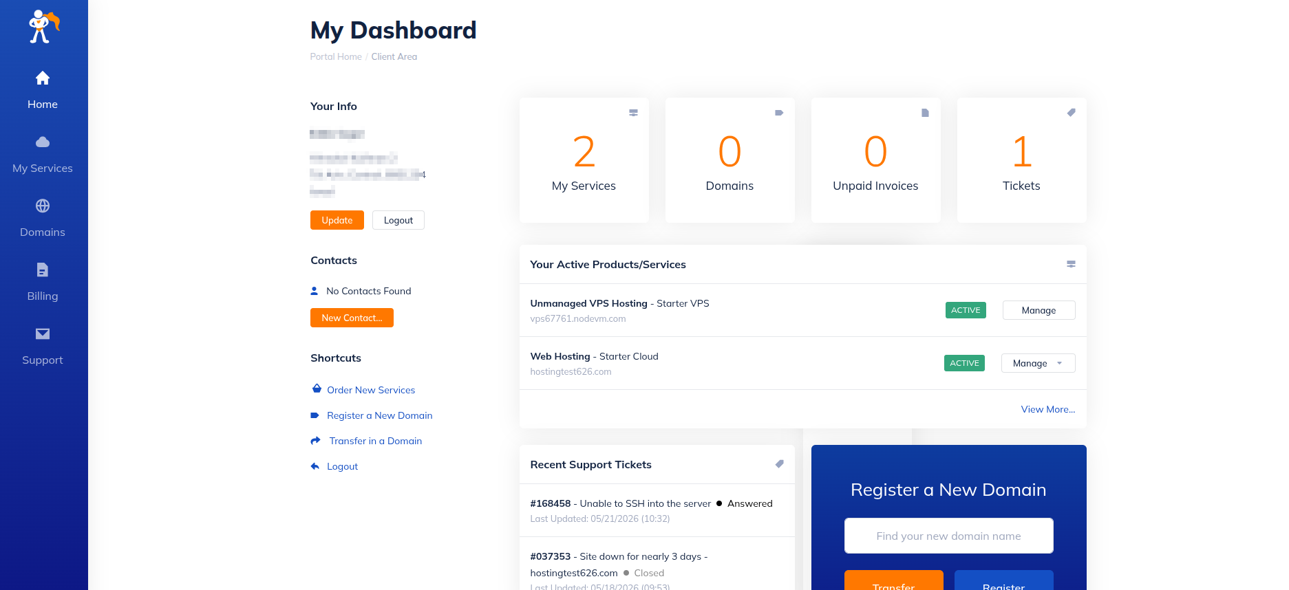 screenshot of Namehero's dashboard