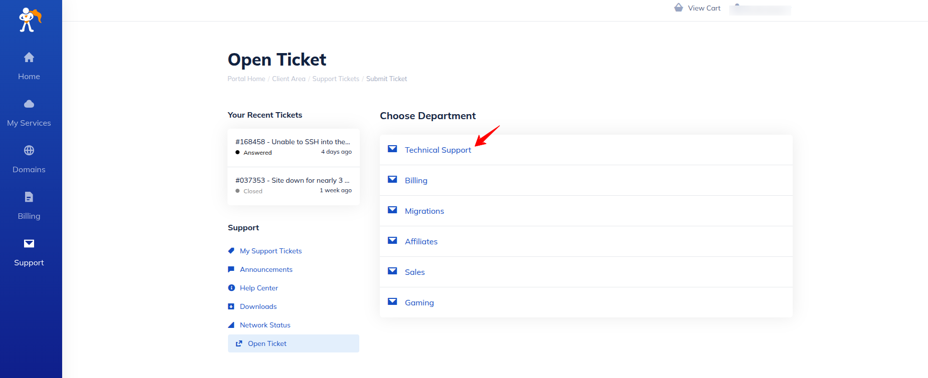 screenshot of Open Ticket menu
