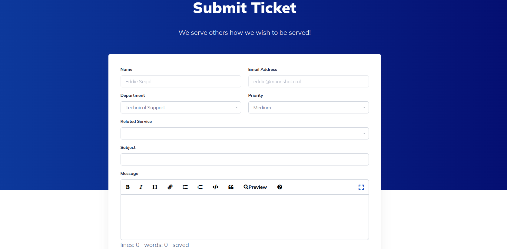 screenshot of Submit ticket menu