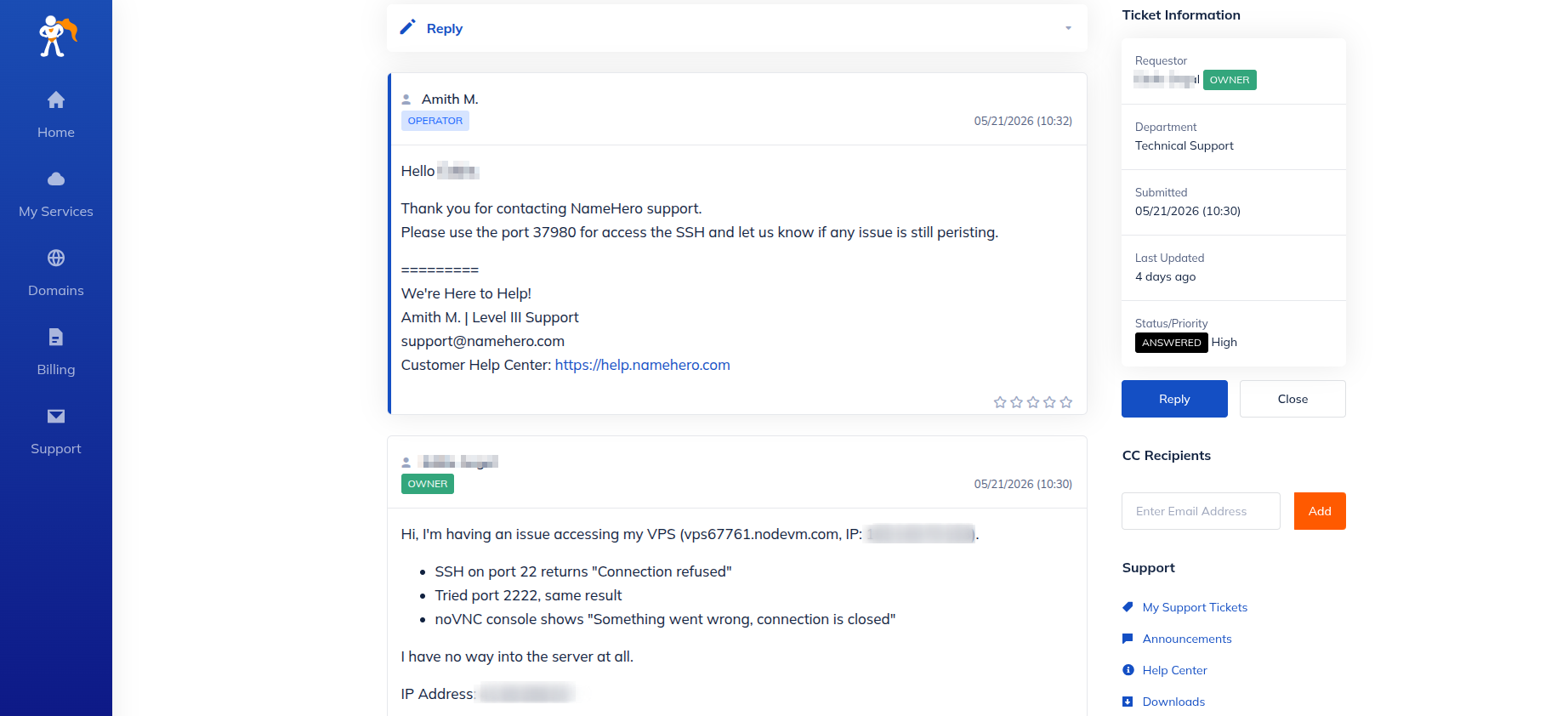 screenshot of ticket conversation