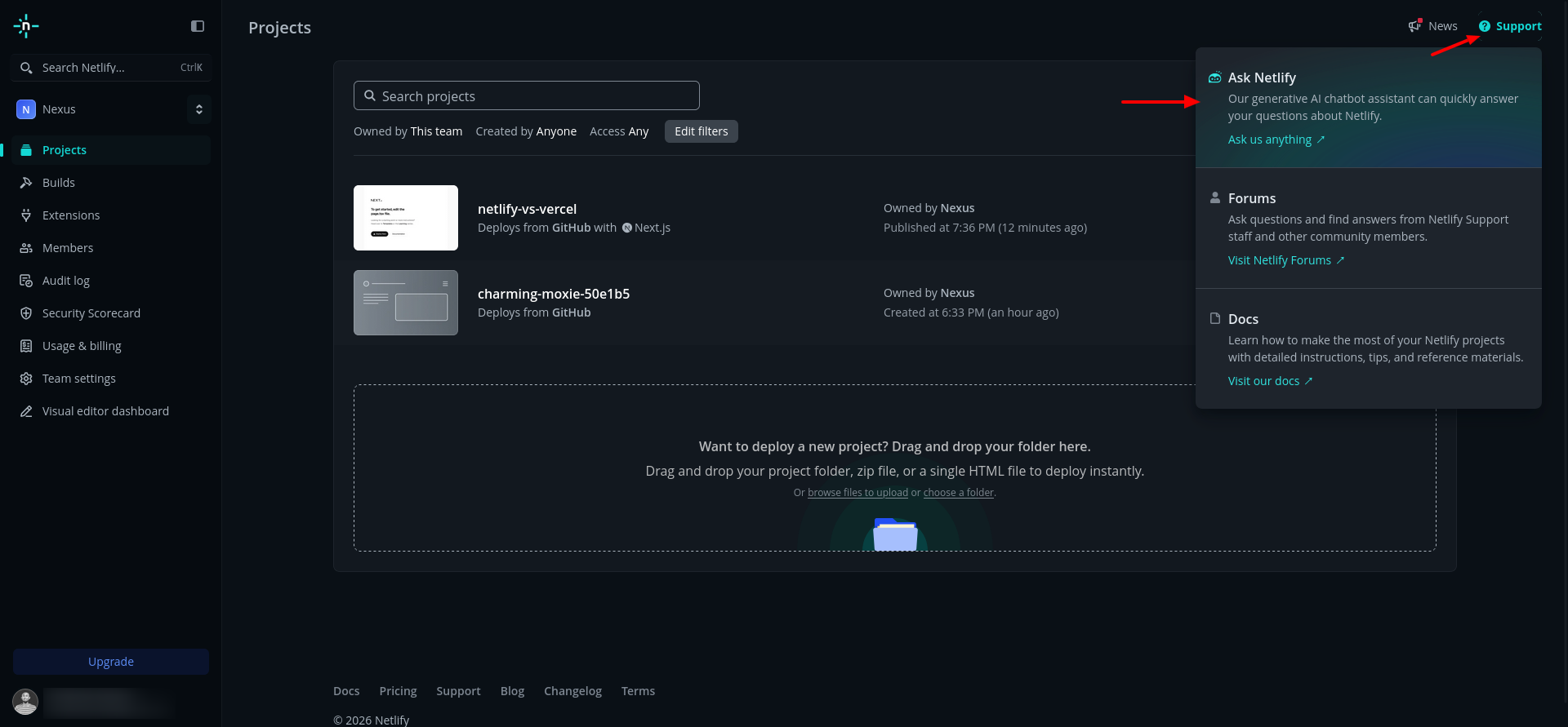 Netlify support dashboard showing Ask Netlify, Forums, and Docs