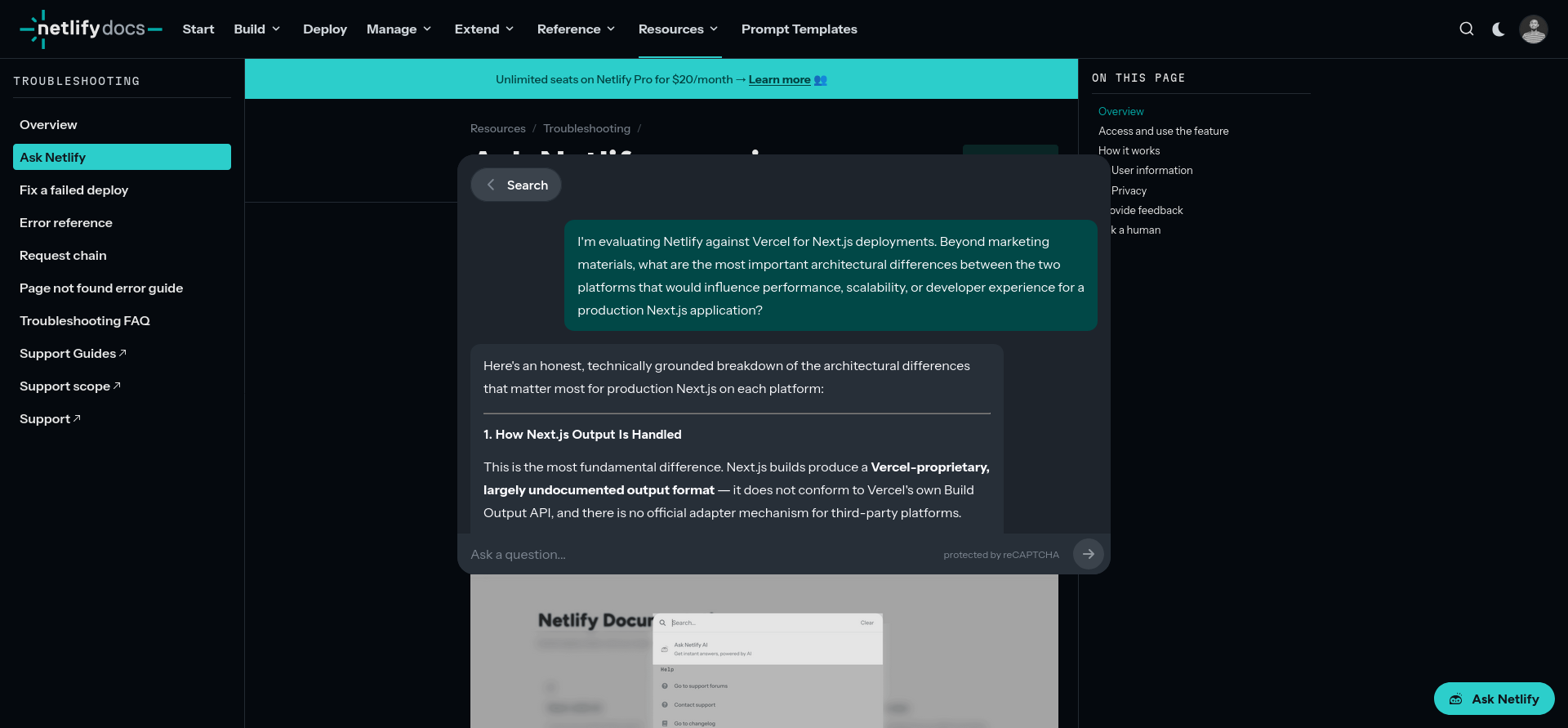Ask Netlify response about architectural differences between Netlify and Vercel