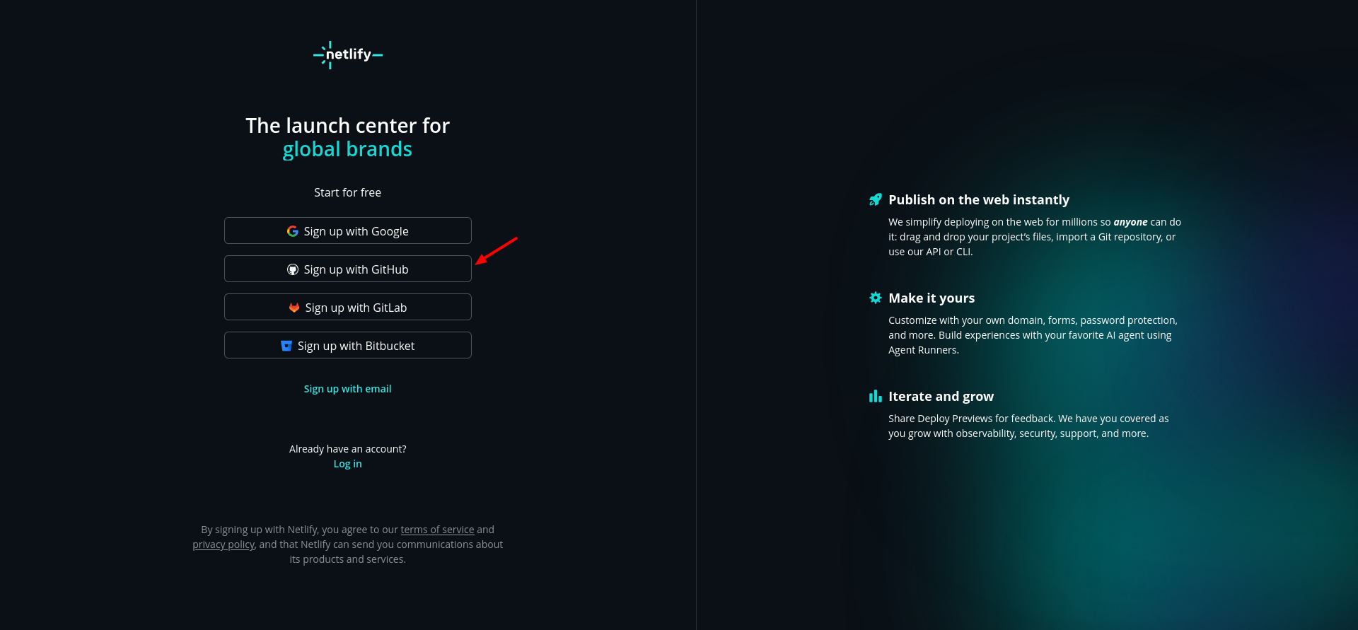 Netlify sign-up options including Google, GitHub, GitLab, Bitbucket, and email