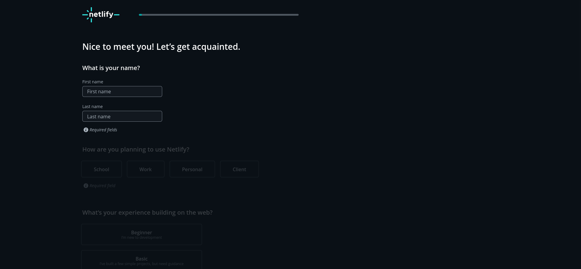 Netlify onboarding form during account creation