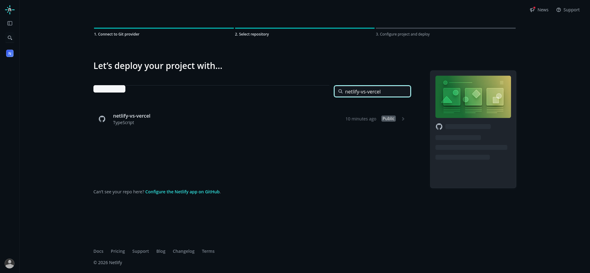 Netlify repository selection screen for deploying a Next.js project