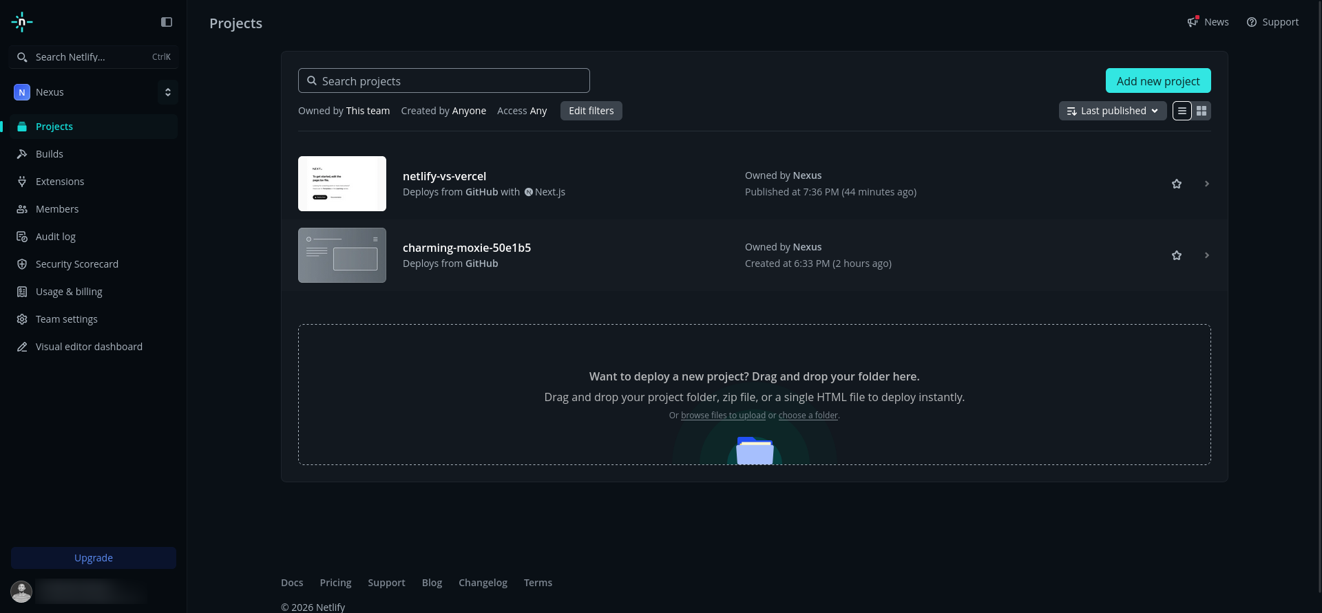 Netlify project dashboard with observability and project navigation