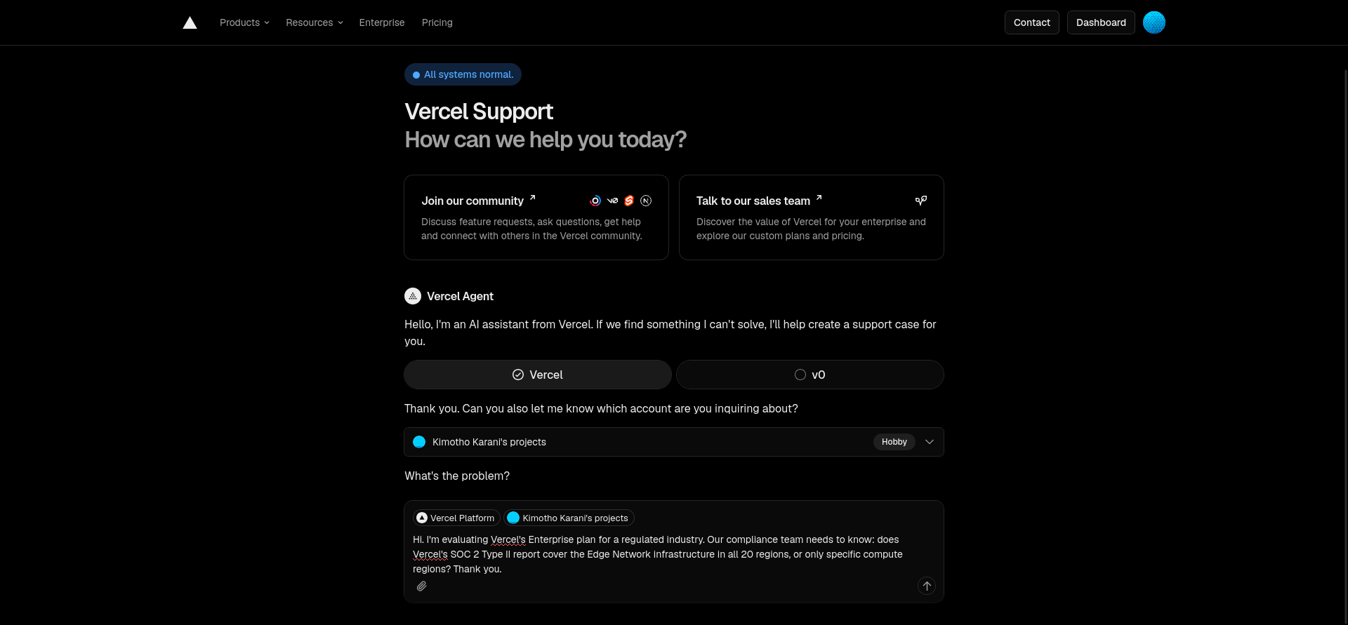 Vercel Agent support response about SOC 2 Type II scope