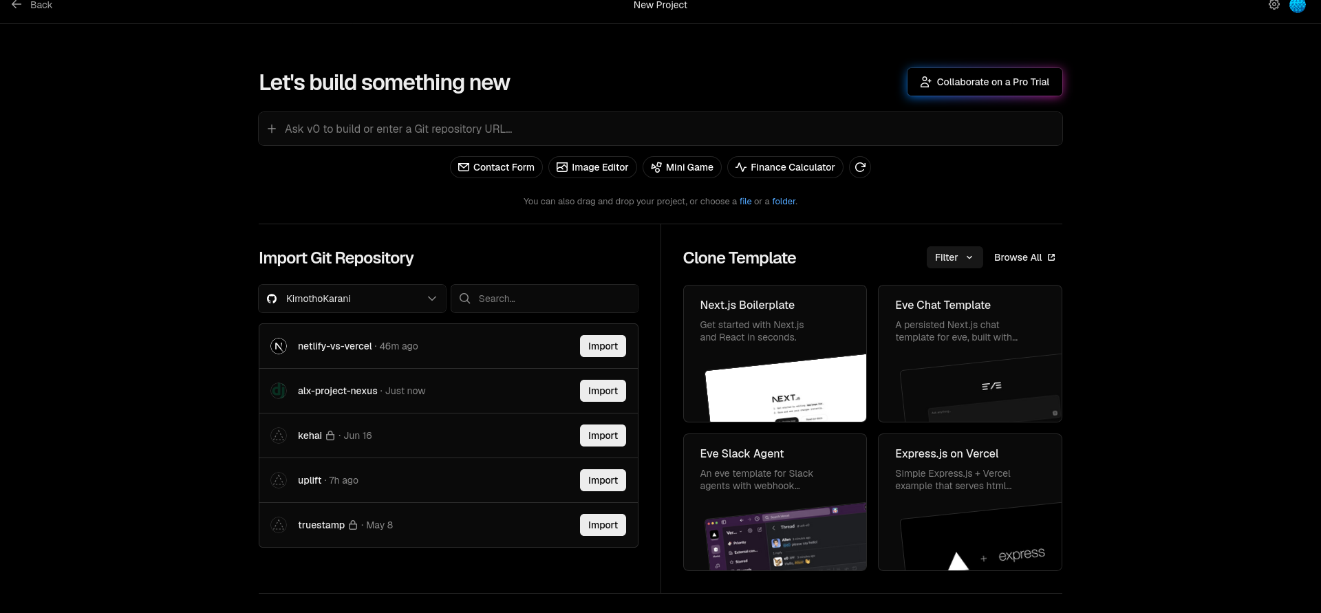 Vercel dashboard showing Next.js deployment capabilities