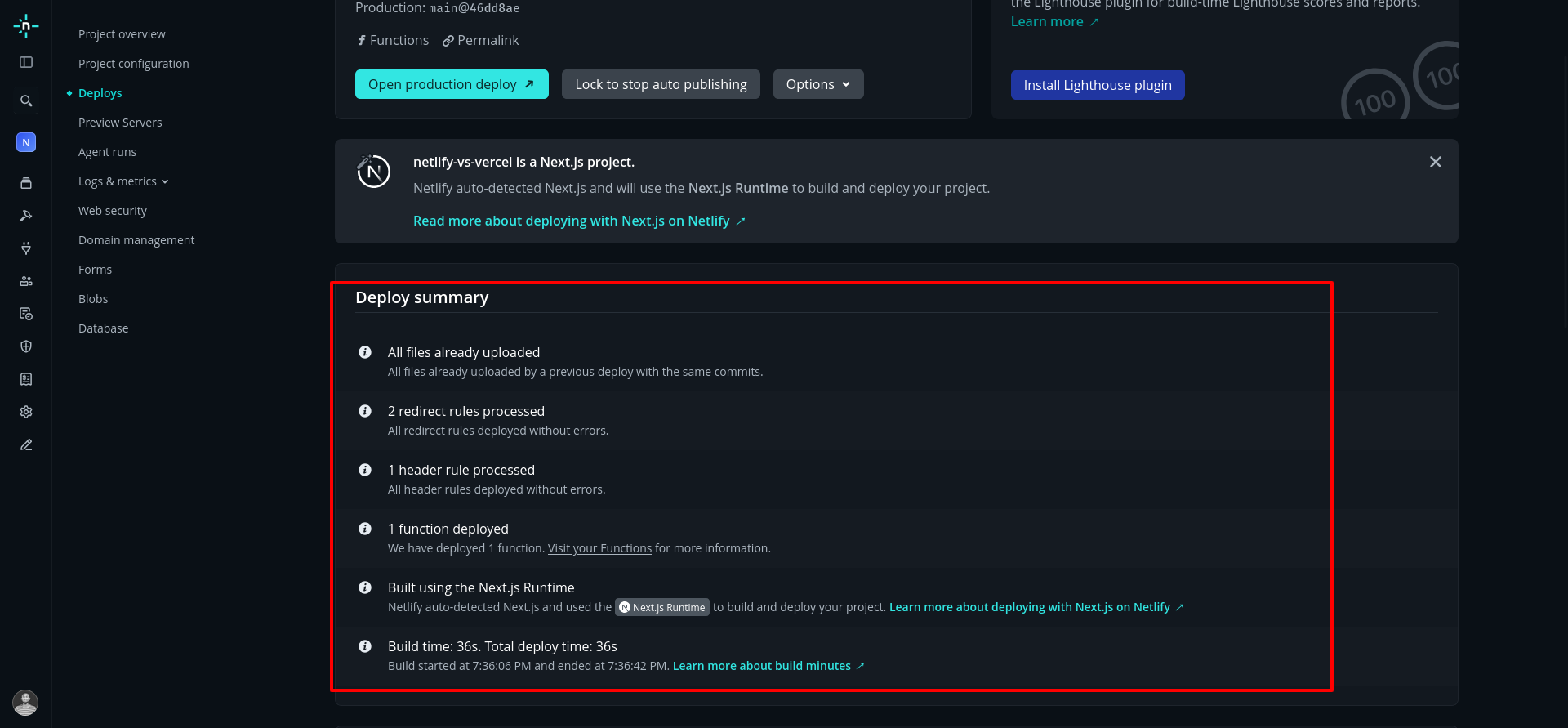 Netlify deploy summary showing files, redirects, headers, and functions