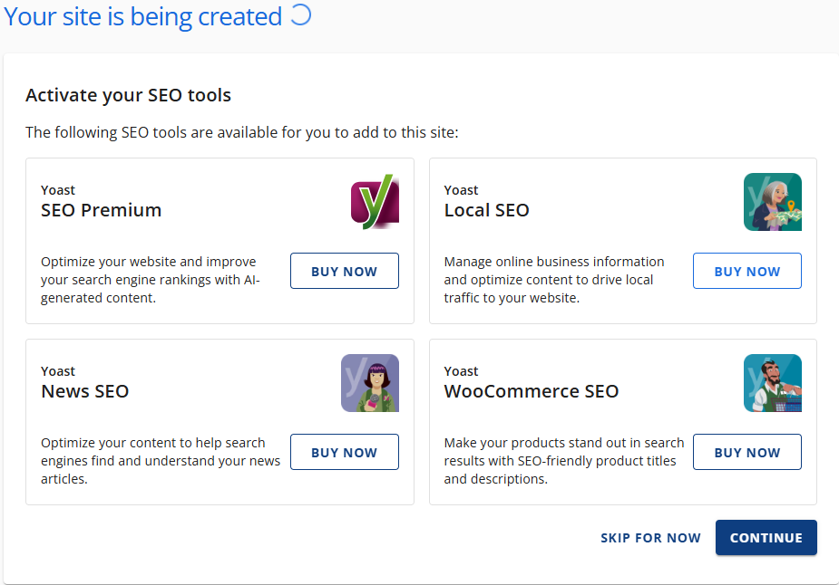 Bluehost AI site creator setup screen