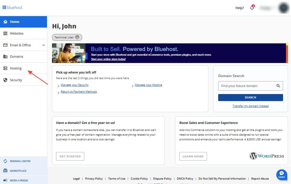 Bluehost hosting management dashboard