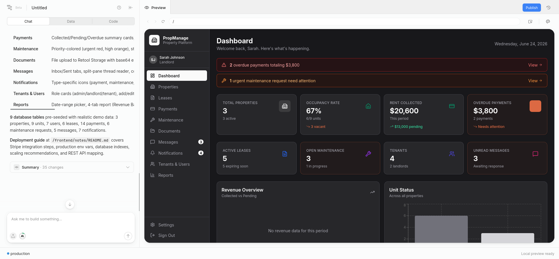 screenshot of the created app dashboard
