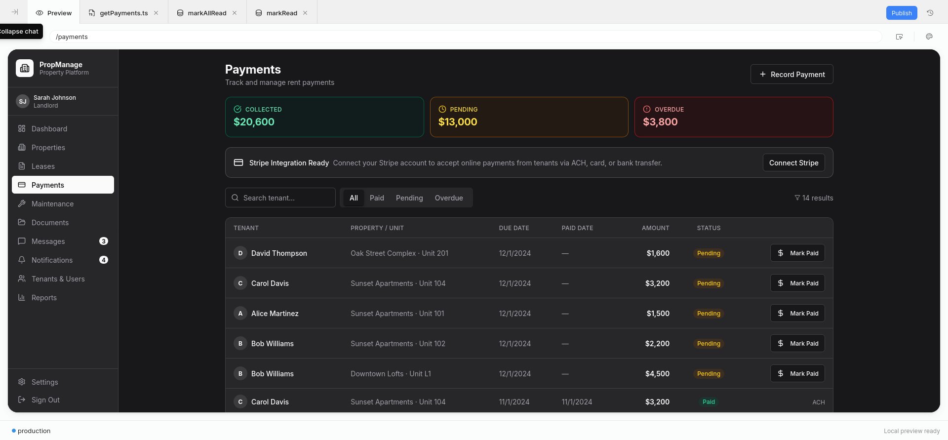 screenshot of the PropManage Payments tab