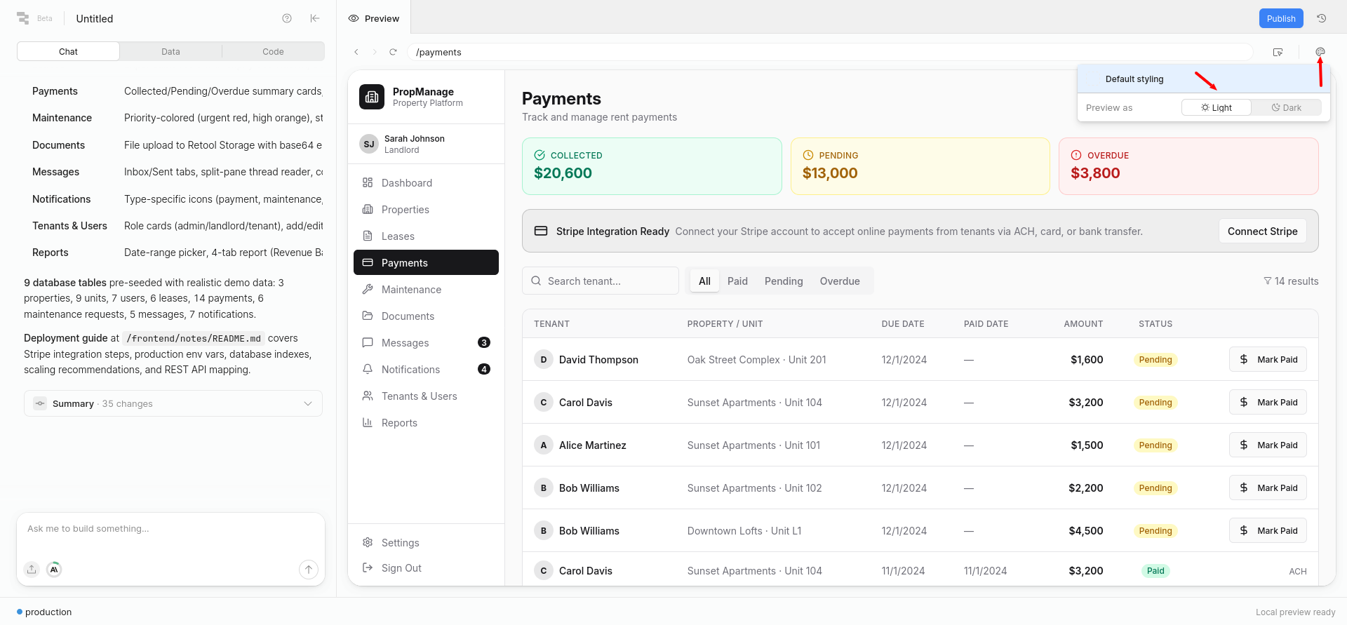 screenshot of Themes toggle