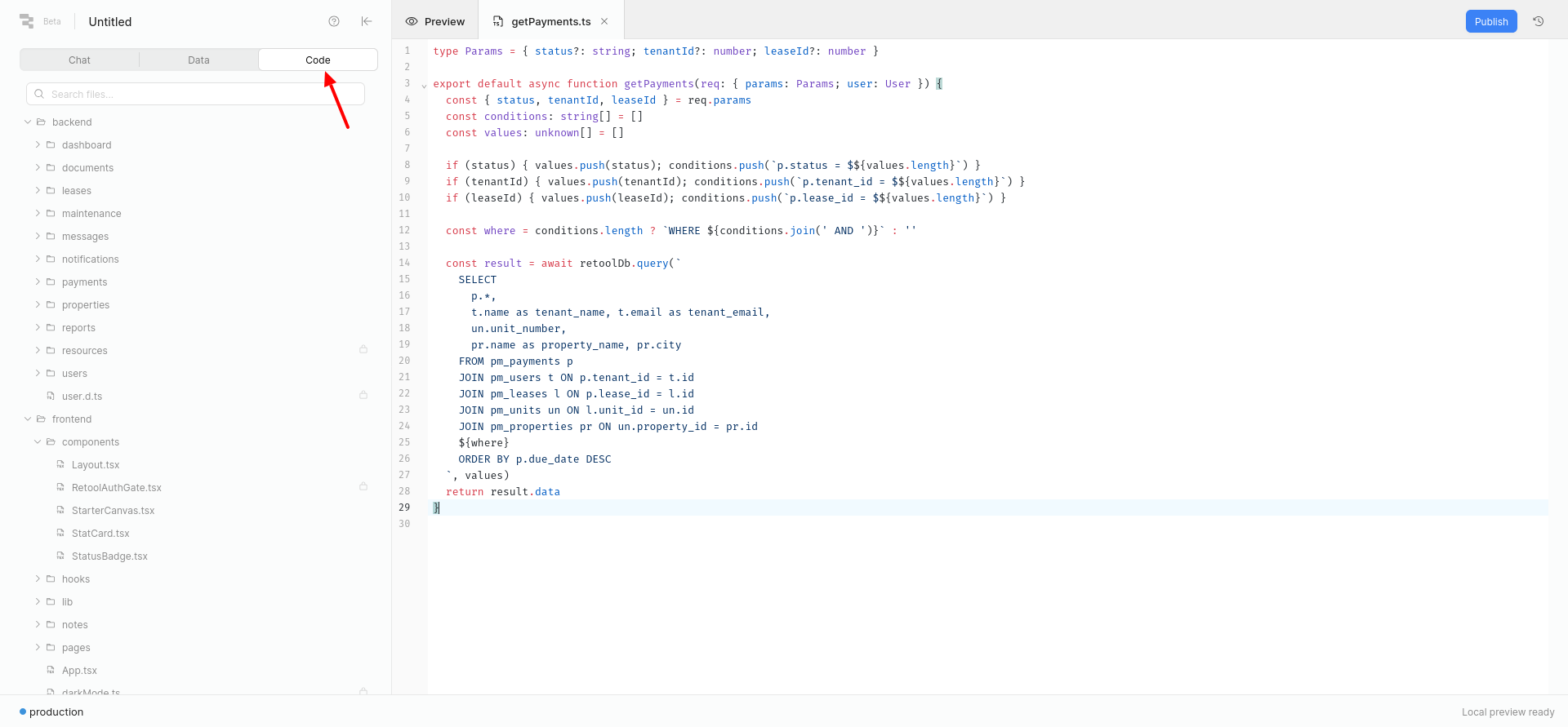 screenshot of the Code editor