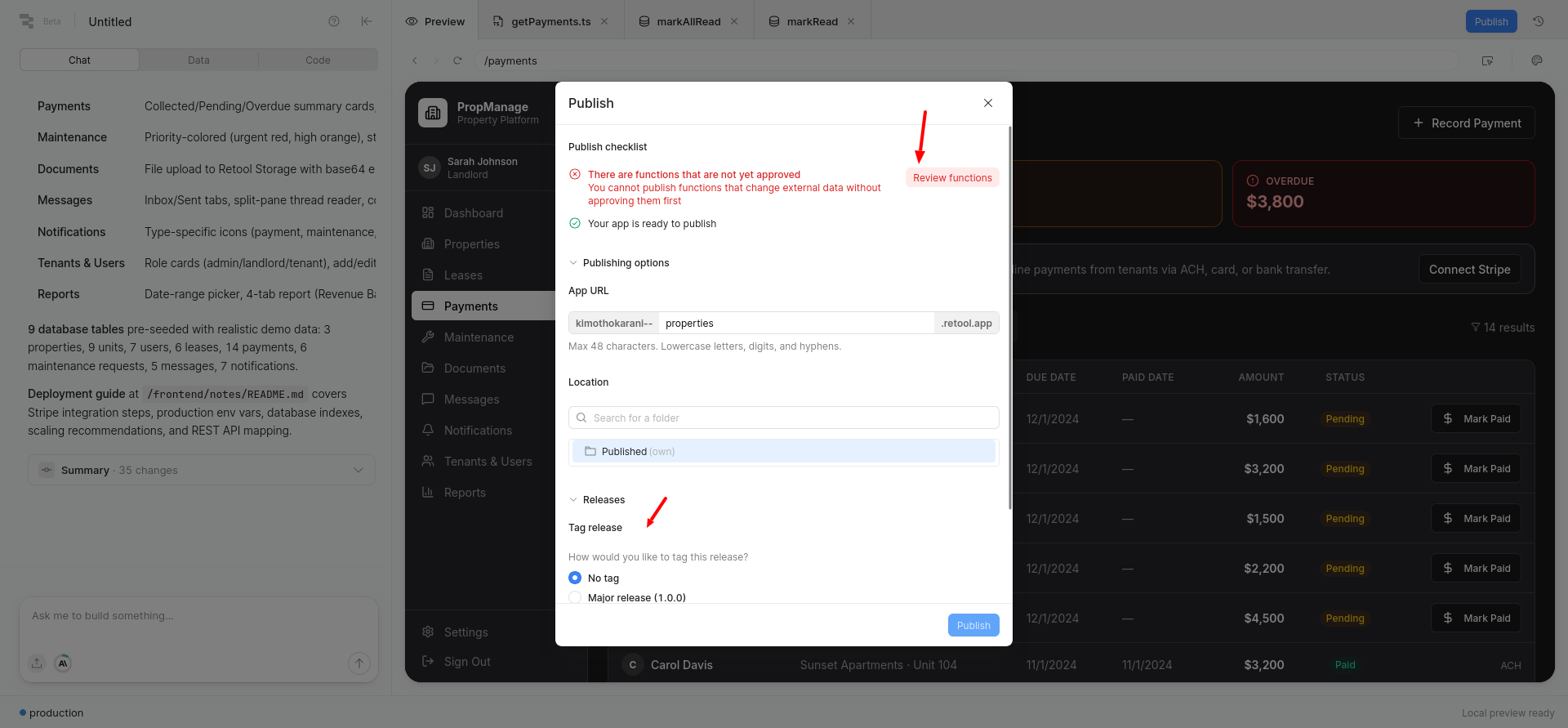 screenshot of the 'Publish' menu