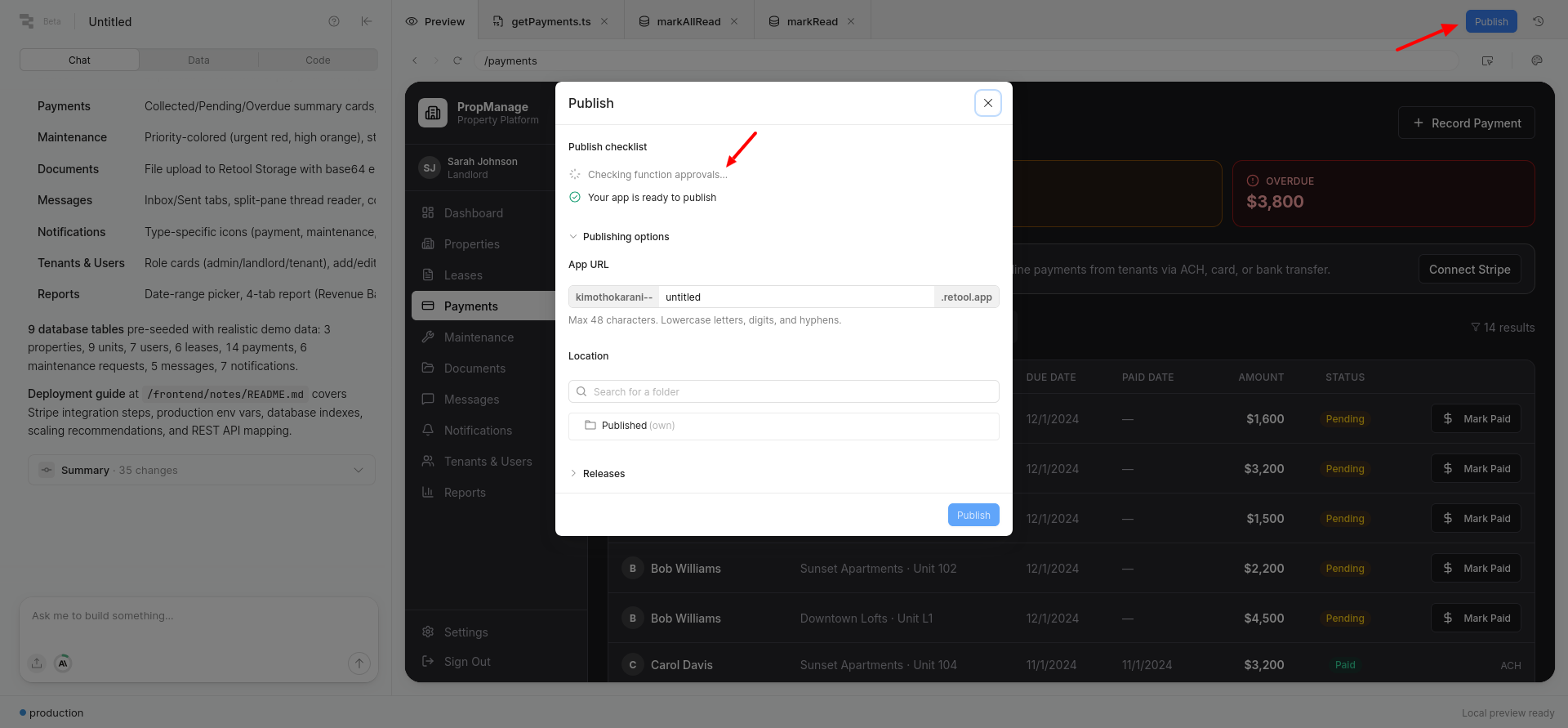 screenshot of the 'Publish' menu
