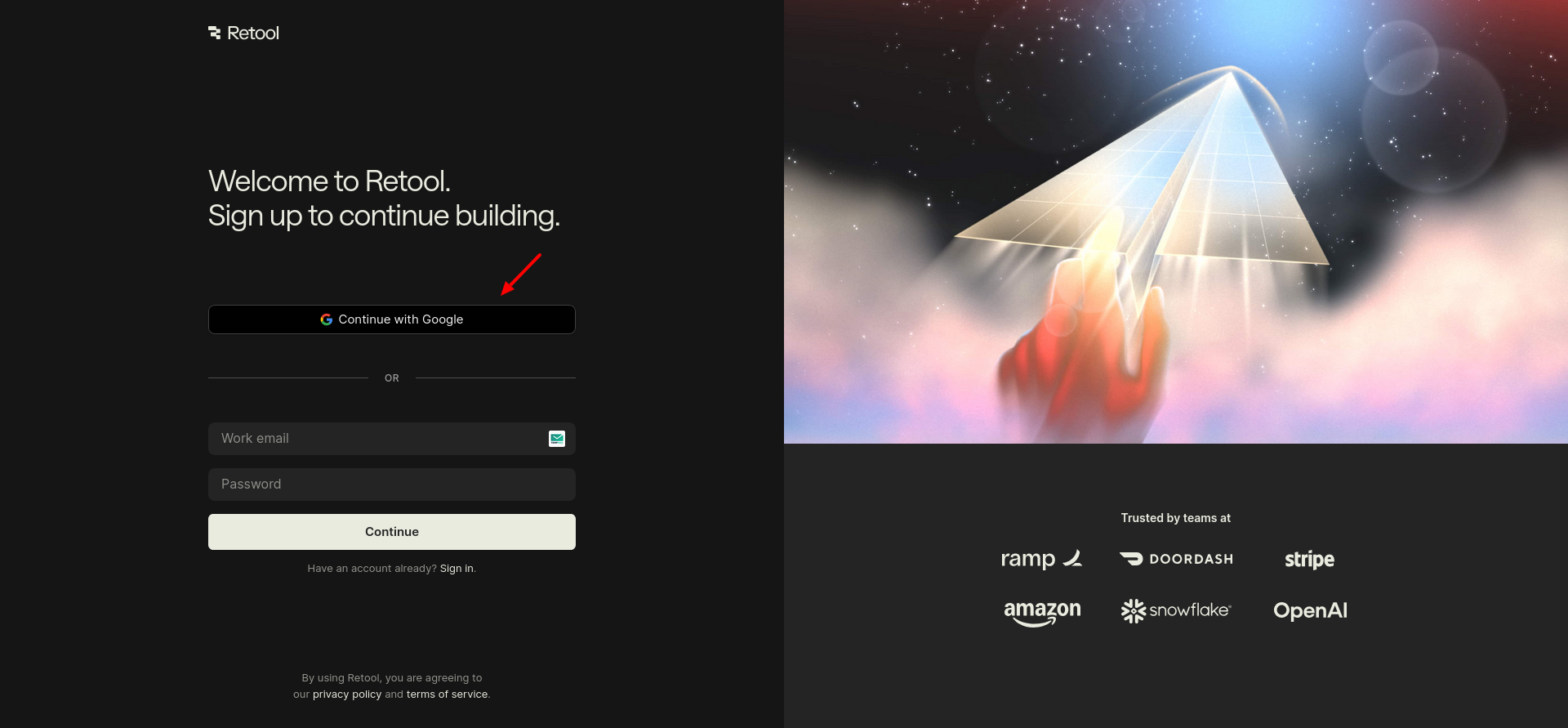 screenshot of Retool sign up page