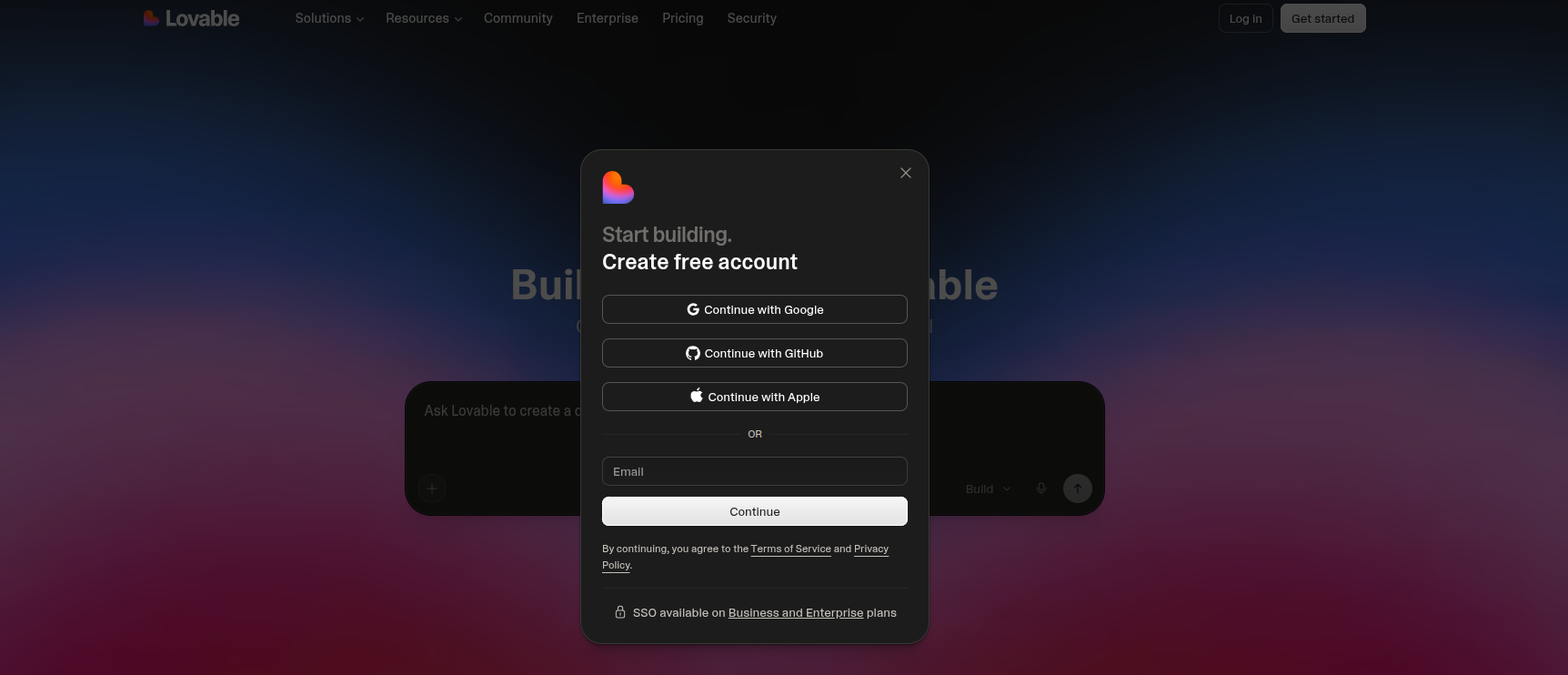 screenshot of Lovable sign up page