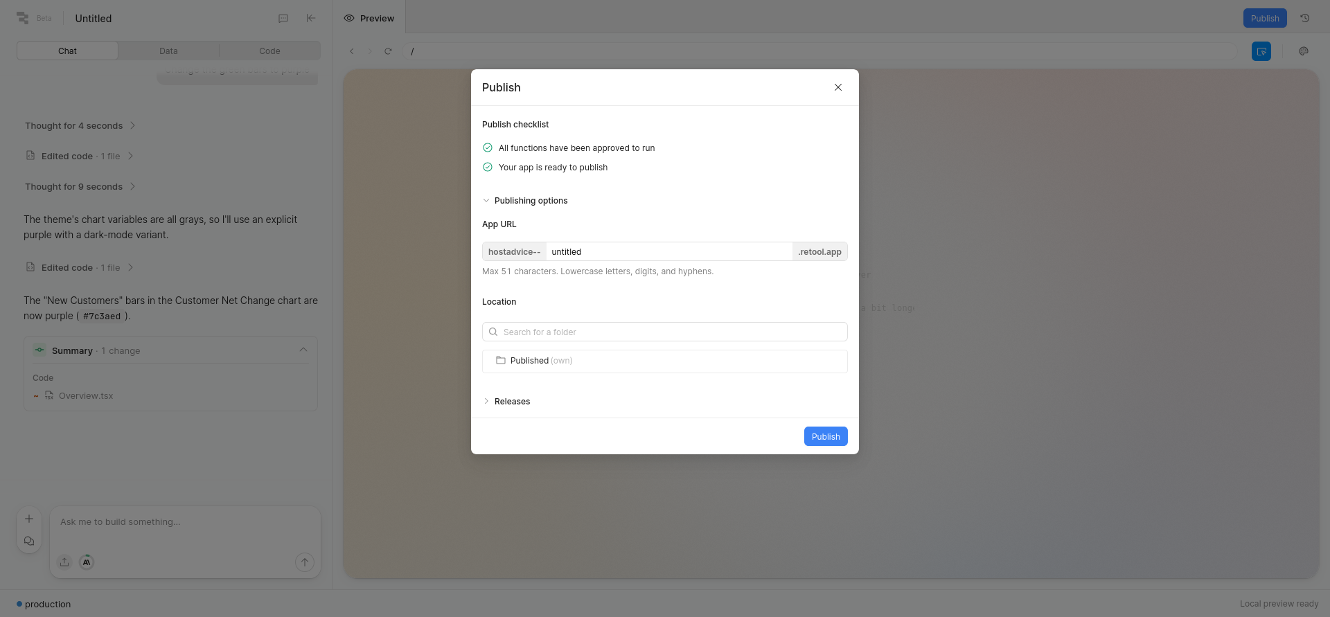 screenshot of Retool Publish menu